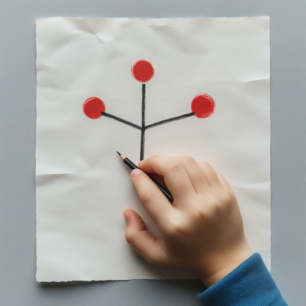 Dětská ruka kreslí tři body na papíře